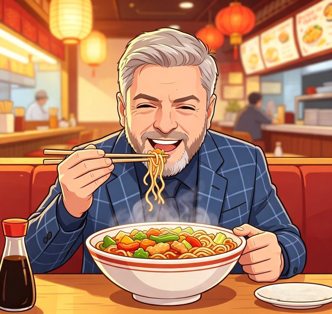 A cartoon image shows a cheerful older man with a beard and a blue plaid shirt happily eating chop suey noodles with chopsticks inside a large bowl, seated at a table in an Asian restaurant with red lanterns hanging above. The scene reflects the community's "Happy Chop Suey Day" celebration, capturing the shared enjoyment and good vibes described in the message.