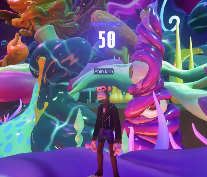 The image features a man standing in front of a large screen with a score displayed, which reads "50". This suggests that he has achieved a high level or completed a challenging task within the game. The setting appears to be an immersive 3D environment, possibly resembling a jungle or other fantastical landscapes.