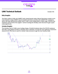 A technical document titled 'LINK Technical Outlook' dated October 5th, featuring daily insights text and a line chart tracking the LINK price in USD.