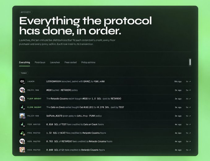 A digital activity feed interface titled 'Everything the protocol has done, in order,' listing crypto transactions including launches, floor buys, fees routed, and policy actions for collections like Retardio and Cats on Creek.