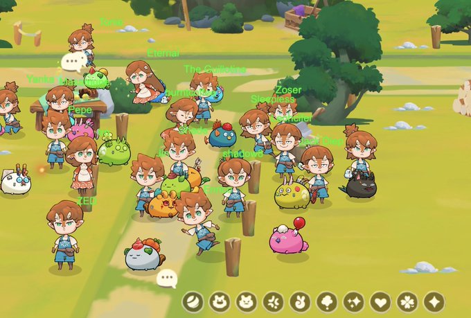 A screenshot of a colorful 2D multiplayer browser game called "Together" (visible in the top-left corner) shows numerous cartoon avatars gathered in a grassy field with cute blob-like creatures, demonstrating the user's first vibe-coded game project they hope to release on Ronin. The UI features various animal icons along the bottom and player usernames like "Eternal," "The Collector," "Zoser," "Pepe," and "shoco" floating above the characters, showcasing the social multiplayer aspect of their indie creation.