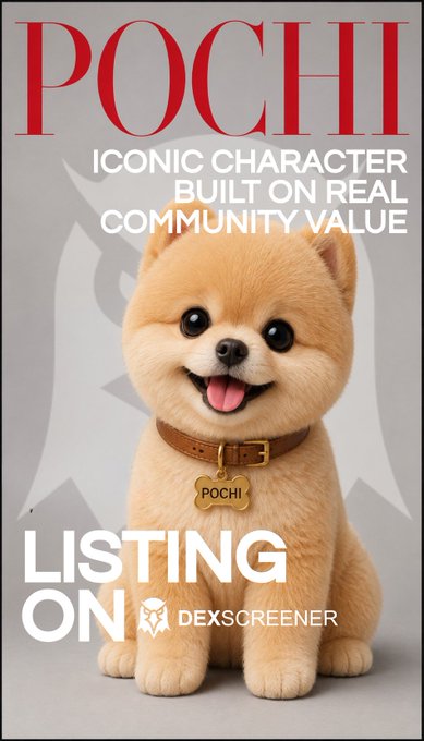 A promotional graphic showing an adorable Pomeranian dog with a collar reading 'POCHI' and the text 'ICONIC CHARACTER BUILT ON REAL COMMUNITY VALUE' and 'LISTING ON DEXSCREENER'.