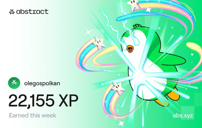 An XP rewards graphic from 'abstract' for user 'olegospolkan' showing '22,155 XP Earned this week' alongside a cartoon penguin mascot with rainbow trails.