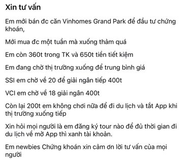A Vietnamese text message asking for advice on selling a Vinhomes Grand Park apartment to invest in stocks, mentioning holding 360 shares, 650 million in savings, and specific SSI and VCI stock prices.