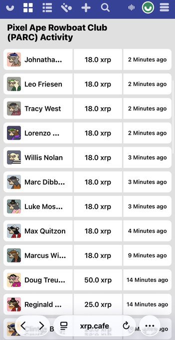 A mobile screenshot of the 'Pixel Ape Rowboat Club (PARC) Activity' page on xrp.cafe, showing a list of users like Johnathan, Leo Friesen, and Tracy West each earning 18.0 xrp within the last 2-4 minutes.