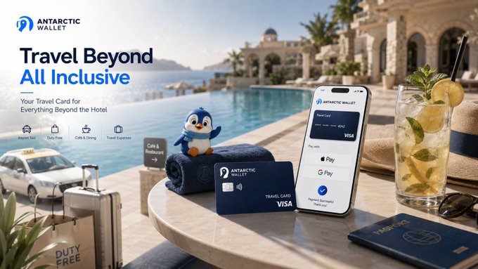 Antarctic Wallet advertisement titled 'Travel Beyond All Inclusive' showing the travel card app, penguin mascot, and resort pool scene.