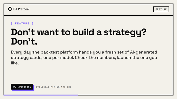 The image is a promotional graphic from GT Protocol highlighting a "Feature" in their app. It features the headline "Don't want to build a strategy? Don't." and explains that every day the backtest platform provides AI-generated strategy cards—one per model—for users to review and launch, with the "@GT_Protocol" handle indicating it is available now in their app.