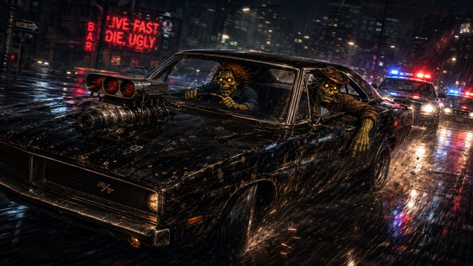 A gritty digital artwork depicting two zombie-like figures driving a heavily modified, dark muscle car with exposed engine parts through a rainy, neon-lit city street at night, with a sign reading 'LIVE FAST DIE UGLY'.