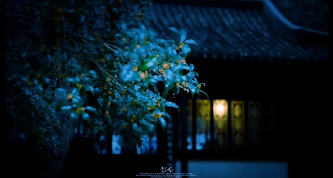 A softly lit nighttime scene shows pale flowers in the foreground with a traditional tiled building and a glowing warm lantern in the background, casting a serene, moonlit blue ambiance. The Chinese text "转扇" (likely a drama or film title) appears at the bottom, matching the post's gentle, restful mood as it wishes the viewer a winning October and a well-deserved break.