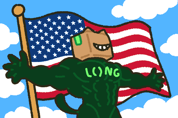 A cartoon illustration of a muscular green figure with a cardboard box head featuring a single eye, standing in front of an American flag with 'LONG' written on its chest.