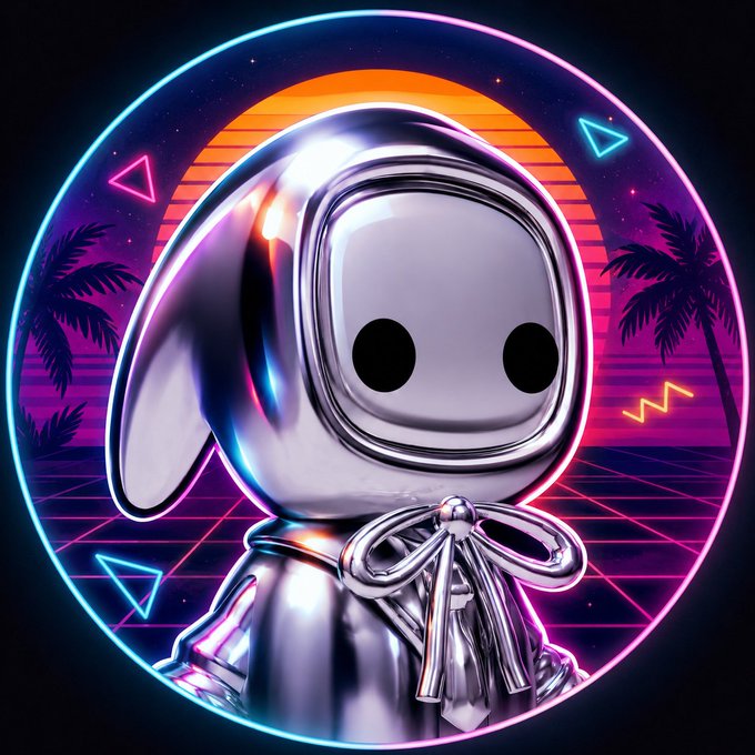 A shiny chrome astronaut character with bunny ears and large black eyes, set against a retro synthwave background featuring palm trees, a sunset, and neon geometric shapes.