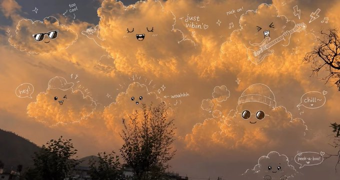 A photograph of golden clouds at sunset decorated with hand-drawn doodles giving the clouds faces, sunglasses, hats, and speech bubbles with text like 'just vibin'', 'rock on!', 'too cool', and 'chill~'.
