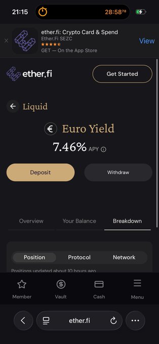 The image shows a cell phone screen displaying information about EtherFi, an online trading platform for cryptocurrencies like Bitcoin and Ethereum. The screen has a dark background with white text that reads "EtherFi Liquid & Yield", "7.4% APY", "Euro yield", "€7.4% deposit", "€6.6% withdrawal", "€6.6% APY", "€6.6% APY", and "€6.6% APY". The screen also shows a list of options, including the option to deposit into USDC against EUROP and the option to use the 90 day APY for trading.