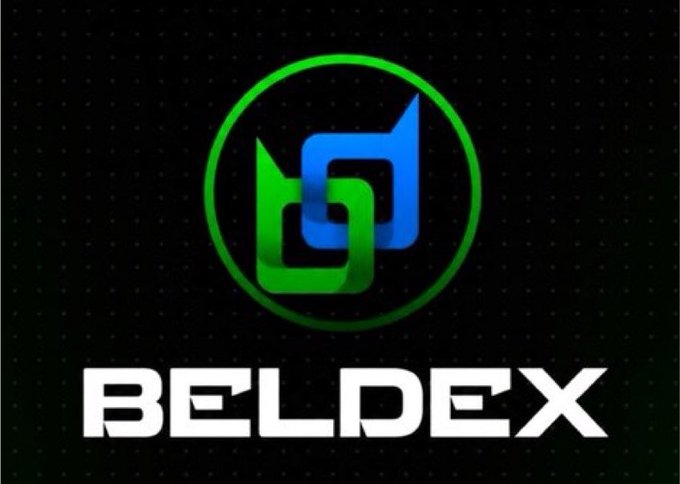 The image displays the Beldex logo, featuring a stylized blue and green interlocking "b" and "d" design within a glowing green circle, above the bold white "BELDEX" text on a black dotted background. It serves as branding for BeldexCoin, matching the post's discussion of the project's privacy-focused approach to digital transactions.