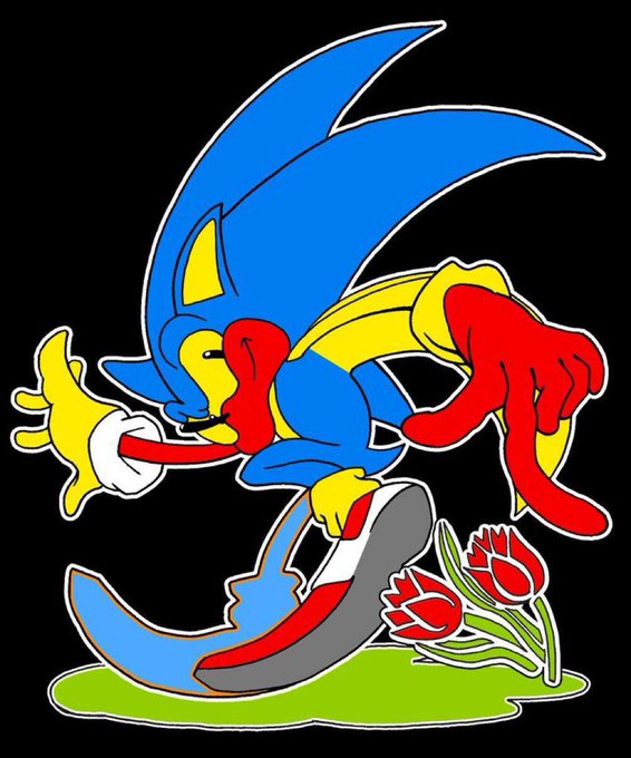 A colorful cartoon logo of an anthropomorphic blue rabbit with long ears, wearing red gloves and blue sneakers, flexing its muscles in a dynamic pose. The rabbit stands on a patch of green grass with three red tulips growing nearby, all outlined in white against a black background.