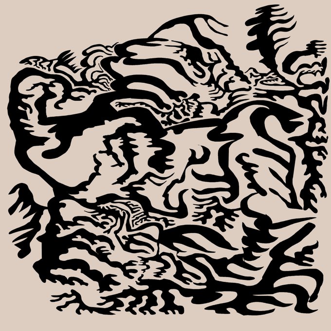 An abstract black-and-beige digital artwork featuring swirling, organic, wave-like forms with jagged edges creating a dynamic camouflage or topographic pattern.