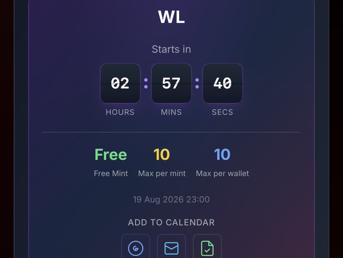 A digital countdown timer displays 'WL' starting in 02:57:40, with 'Free Mint', '10 Max per mint', '10 Max per wallet', and a date of '19 Aug 2026 23:00' shown in green, orange, and blue text.