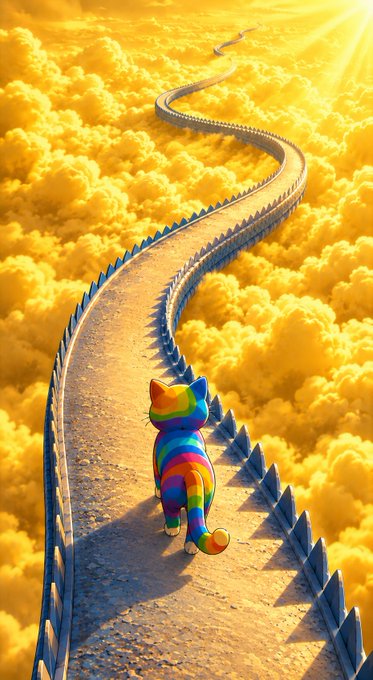 A whimsical 3D-rendered scene featuring a rainbow-striped cat walking along a long, winding path through golden clouds toward bright sunlight.