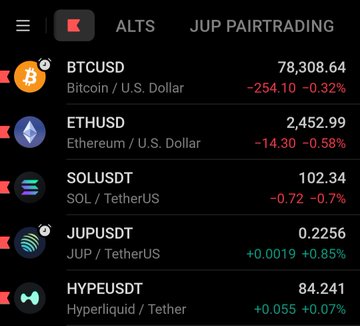 A cryptocurrency trading app screen showing prices for BTCUSD ($78,308.64), ETHUSD ($2,452.99), SOLUSDT, JUPUSDT, and HYPEUSDT, with JUP PAIRTRADING visible at the top.