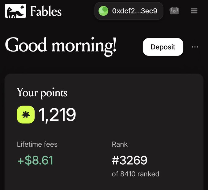 The image shows the Fables app dashboard displaying 1,219 points, a rank of #3269 out of 8410, and lifetime fees of +$8.61, with a wallet address starting "0xdcf2...3ec9" visible at the top, supporting the post's claim about earning points and fees from LP farming on $Pons and other coins for potential airdrops.
