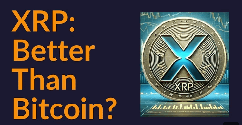 The image features a large, circular gold coin with an X on top of it. Below the coin, there's text that reads "XRP. Better than Bitcoin?". The text is written in orange and stands out against the blue background of the image.