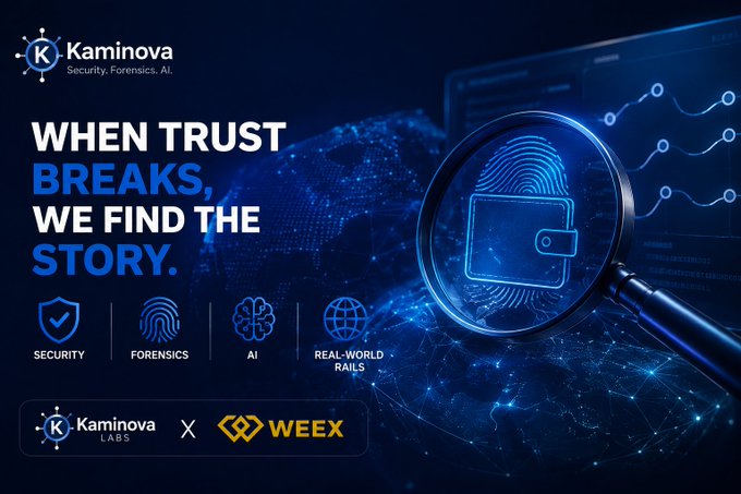 A dark blue tech-themed advertisement for 'Kaminova' with the tagline 'WHEN TRUST BREAKS, WE FIND THE STORY.', featuring icons for Security, Forensics, AI, and Real-World Rails, with a Kaminova Labs x WEEY partnership.