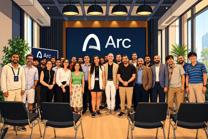 An illustrated group photo of a diverse team standing in front of a screen displaying the 'Arc' logo in a modern office space.