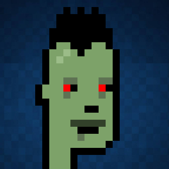 A pixel art image featuring a glowing green letter 'R' against a dark blue checkered background.