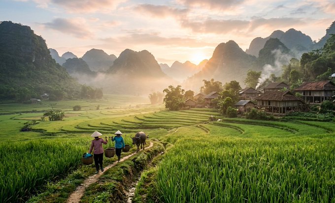 A scenic landscape at sunrise/sunset featuring mist-covered mountains, terraced rice paddies, and people in traditional conical hats walking along a path near wooden houses.