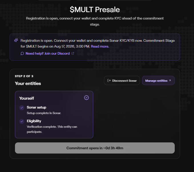 A screenshot of the '$MULT Presale' page on a dark interface, indicating registration is open with a commitment stage scheduled for August 17, 2026, and showing 'Step 2 of 3: Your entities' with completed Sonar setup and eligibility.