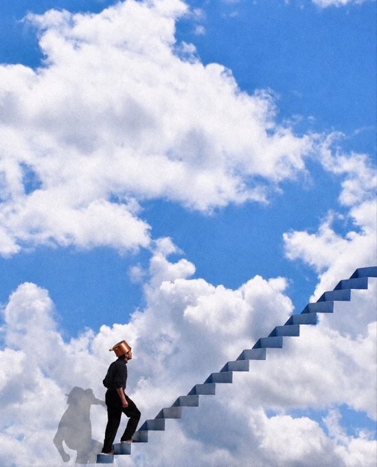 A surreal composite image of a person wearing a helmet ascending a staircase that extends into a cloudy blue sky.