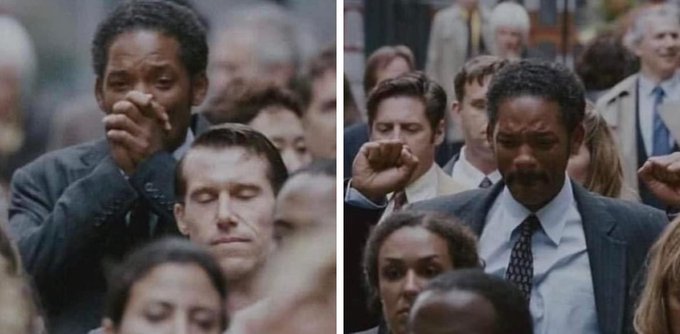 Two side-by-side stills show men in suits with their eyes closed, raising their fists in the air amidst a crowd in what appears to be a church setting.