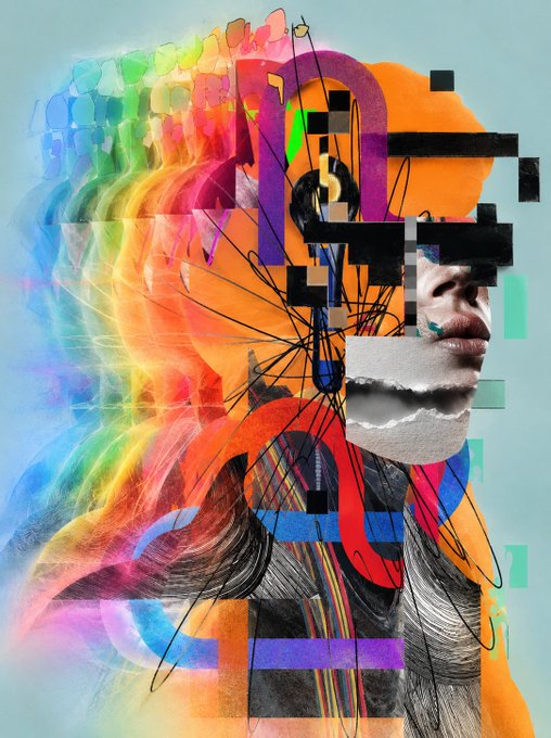 An abstract digital collage featuring a colorful figure with vibrant rainbow hair, geometric shapes, and a torn paper effect revealing a face with red lipstick.