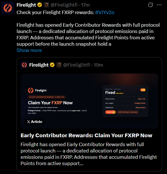 A Twitter/X post from @Firelightfi announcing "Early Contributor Rewards: Claim Your FXRP Now" with details about protocol emissions paid in FXRP for early supporters.