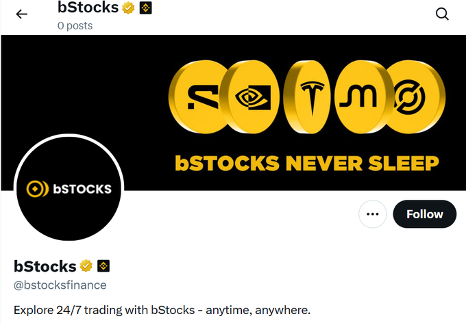 A Twitter/X profile for "bStocks" (@bstocksfinance) displays gold coin icons featuring logos for AMC, NVIDIA, Tesla, MicroStrategy, and Coinbase, with the tagline "bSTOCKS NEVER SLEEP" and a bio promoting 24/7 trading of tokenized US stocks on Binance.