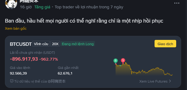 A trading app interface in Vietnamese by '阿爾資本' showing a BTCUSDT position with -896,917.93 (-962.77%) loss, marked as 'Đang mở lệnh Long' (Long position open), with entry price 92,566.39 and current price 62,676.1.