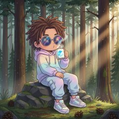 A cartoon-style character with dreadlocks and goggles sits on a rock in a sun-dappled forest, drinking from a cup. The whimsical, dreamy scene reflects the post’s tone of quiet astonishment at TermMaxFi’s eye-popping 50%+ annualized return offer before its deadline.