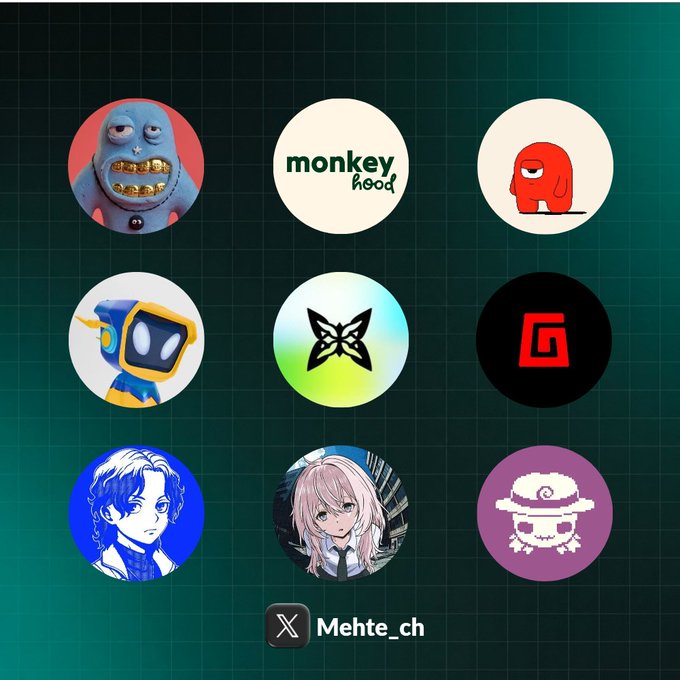 A 3x3 grid of crypto/NFT project logos including Lazy Lion, Monkeyhood, a red character, an astronaut/agent, a butterfly (likely Project GX), a black/red 'G' (likely Good Entry), and two anime-style avatars, attributed to Twitter/X user 'Mehte_ch'.