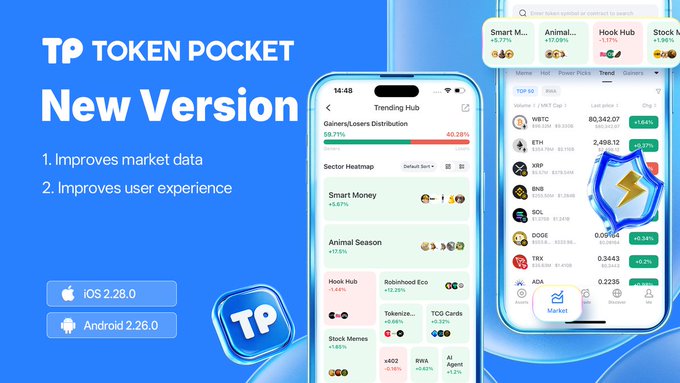 A promotional graphic for 'TP TOKEN POCKET New Version' showcases smartphone screens displaying the trading app interface, advertising '1. Improves market data 2. Improves user experience' with platform compatibility for iOS 2.28.0 and Android 2.26.0.