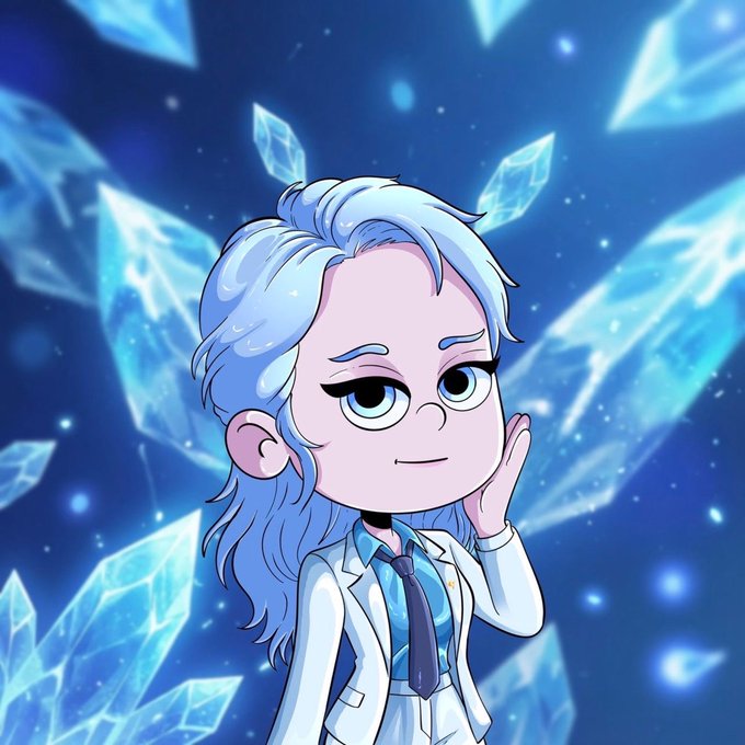 A chibi-style cartoon character with light blue hair wearing a white suit and tie poses thoughtfully against a sparkling blue ice crystal background, visually reinforcing the "icy cool" aesthetic of the giveaway announcement. No text is visible in the image itself.