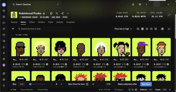 A screenshot of the OpenSea NFT marketplace showing the 'Robinhood Punks' collection with 10,000 items on the Robinhood Chain, displaying various pixel-art punk characters for sale in ETH.