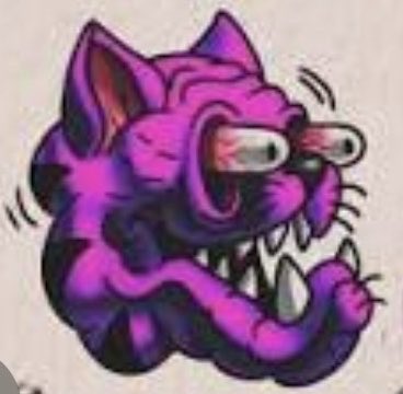 A cartoon illustration of a purple, furry cat-like creature with sharp teeth and an angry expression.