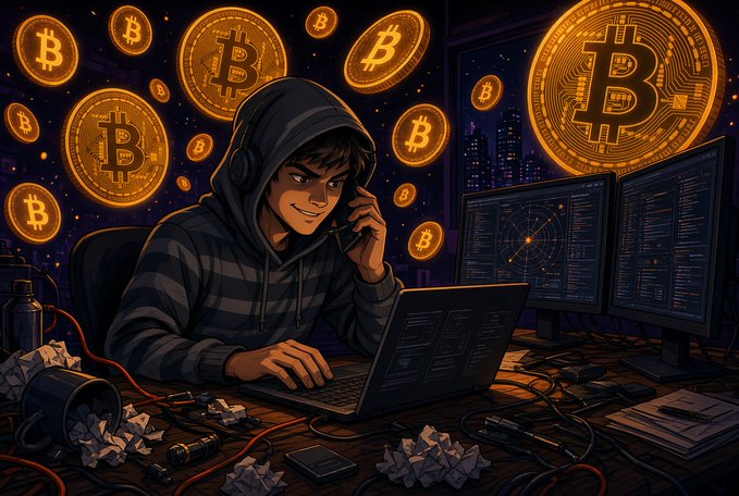 A hooded hacker with headphones speaks on the phone while typing at a laptop and dual monitors displaying code, surrounded by floating Bitcoin logos, illustrating a phone-based social engineering crypto heist worth $245 million tied to Malone Lam's extravagant spending spree.