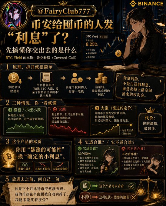 The image is a Chinese-language educational infographic from Binance (@FairyClub777) explaining "BTC Yield," an 8.25% product for Bitcoin holders, breaking down the covered call mechanism, three market scenarios (sideways/declining, big drop, big rise above strike price), who should and shouldn't use it, and advising self-reflection before investing. The infographic visually supports the post's message that holders should first understand what they're giving up in exchange for "interest."