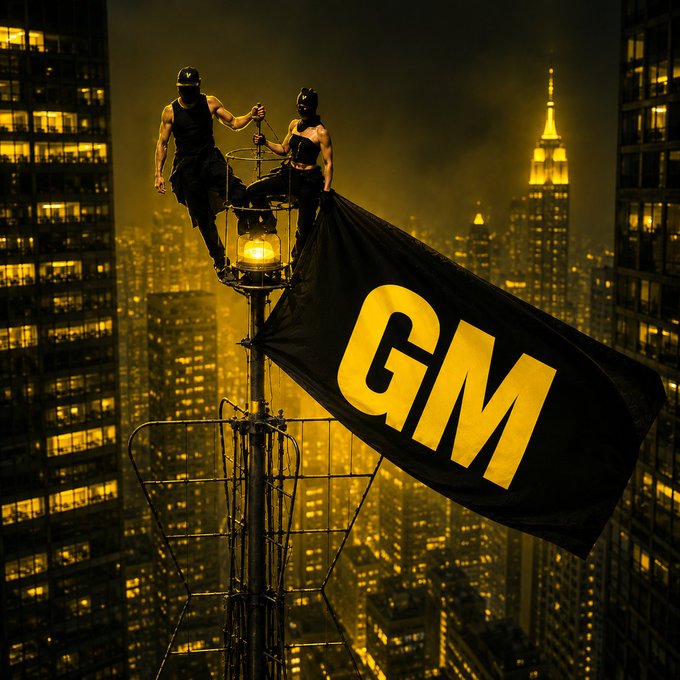 A dramatic sepia-toned image of two masked figures atop a lamppost in a city skyline, unfurling a large black flag with gold "GM" lettering.