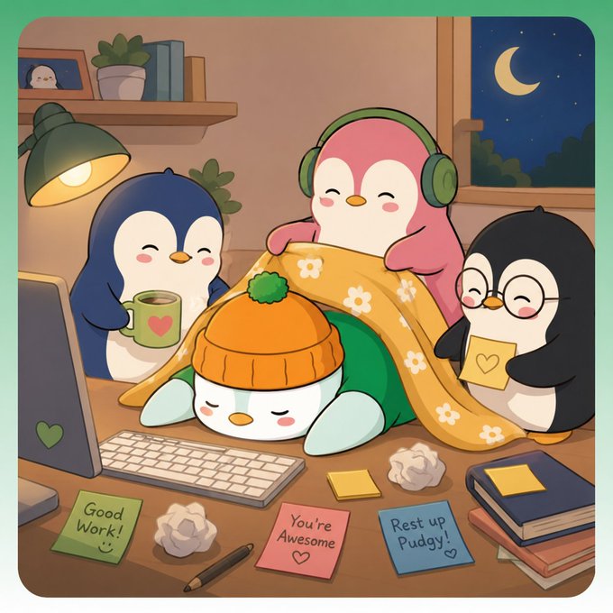 A group of cute penguin characters huddle around a friend wearing an orange beanie at a cluttered desk, offering warm supportive sticky notes that read "Good Work!", "You're Awesome", and "Rest up Pudgey!"—visually matching the post's message about how the Pudgy Penguins community celebrates coding wins that AI alone can't.