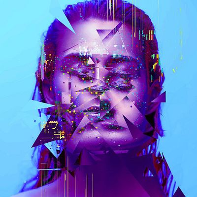 A glitchy, purple-toned digital artwork of a woman's face overlaid with geometric triangles and pixel distortions on a bright blue background.