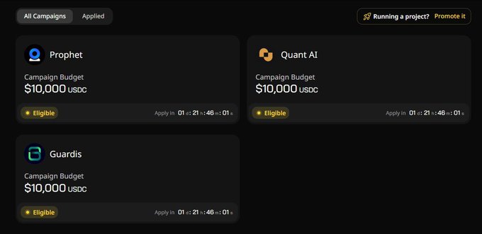 The image shows a screenshot of an app called "Wallchain" that displays three campaigns with their respective budgets, one of which has a budget of $10,000. The app also provides information about the campaigns' status, such as whether they are running or not. There is a post on Wallchain's website where users can apply for these campaigns and receive payment if selected.