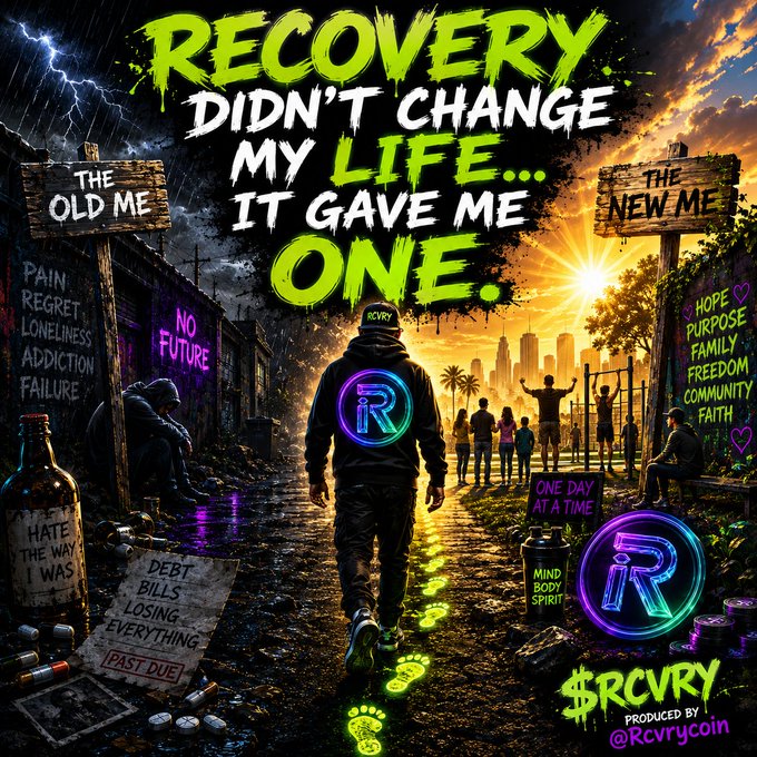 A motivational meme/crypto promotional image for $RCVRY (@Rcvrycoin) with the headline 'RECOVERY DIDN'T CHANGE MY LIFE... IT GAVE ME ONE,' contrasting 'THE OLD ME' filled with pain, addiction, and debt against 'THE NEW ME' representing hope, purpose, and faith.