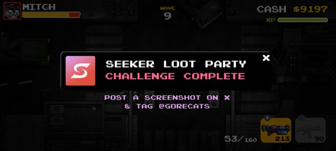 A video game screenshot showing a "SEEKER LOOT PARTY CHALLENGE COMPLETE" notification with text "POST A SCREENSHOT ON X & TAG @GORECATS", with player stats like "MITCH", "WAVE 9", "CASH $9197", and ammo counts "53/160" and "90" visible.